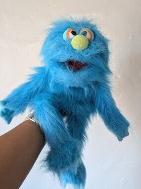 Bright Blue Shaggy Monster Plush Hand Puppet Movable Mouth 13" - Like New